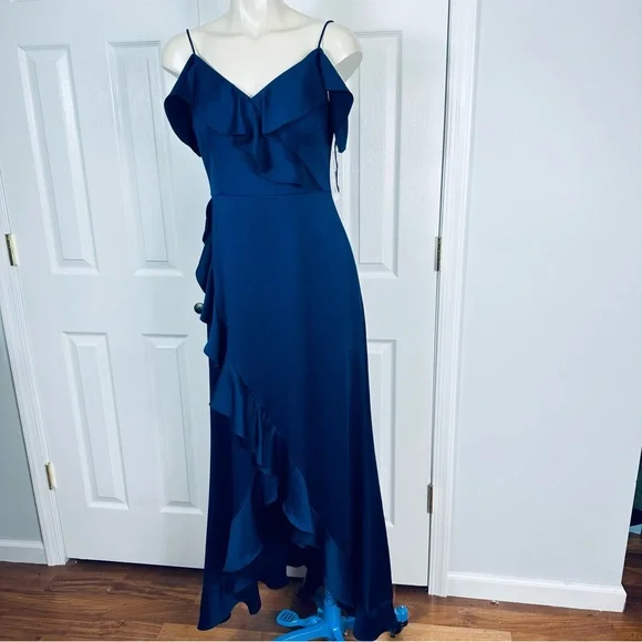 AIDAN MATTOX off the shoulder flounce GOWN navy BLUE wedding prom gown DRESS 6 - Picture 6 of 14